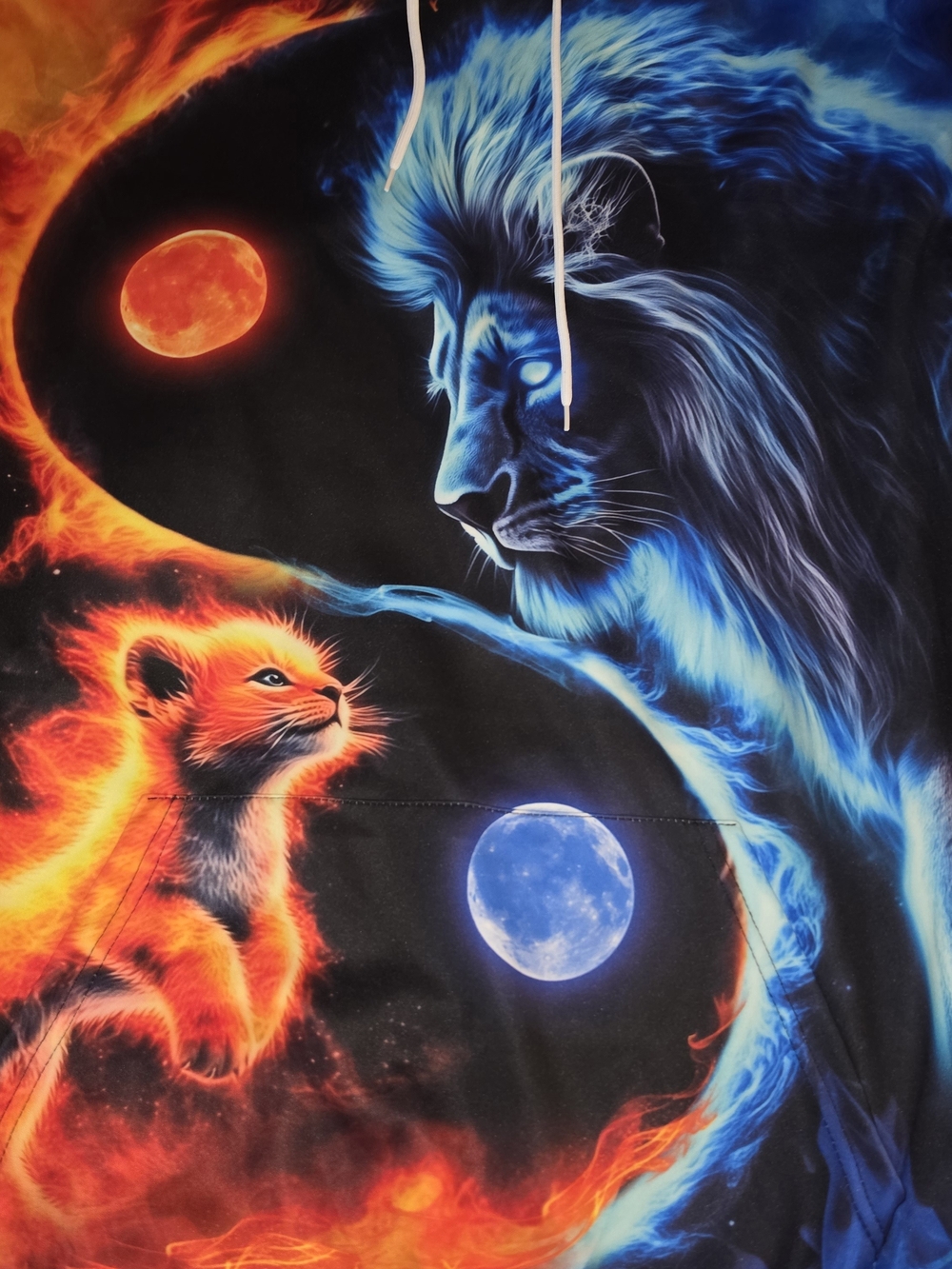 Fire and Ice Yin Yang Lion & Cub Hoodie - Bold Blue & Orange Graphic - Picture 5 of 5